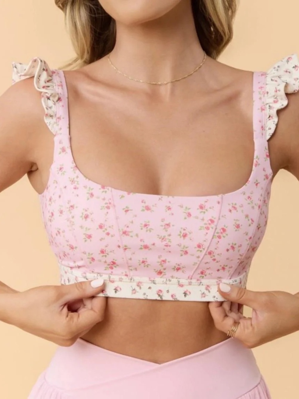 NWT BLOGILATES Pink Floral Ruffle Strap Top Small